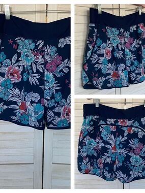 Lands' End Navy Floral Swim Shorts Beach/Pool/Casual SZ 10